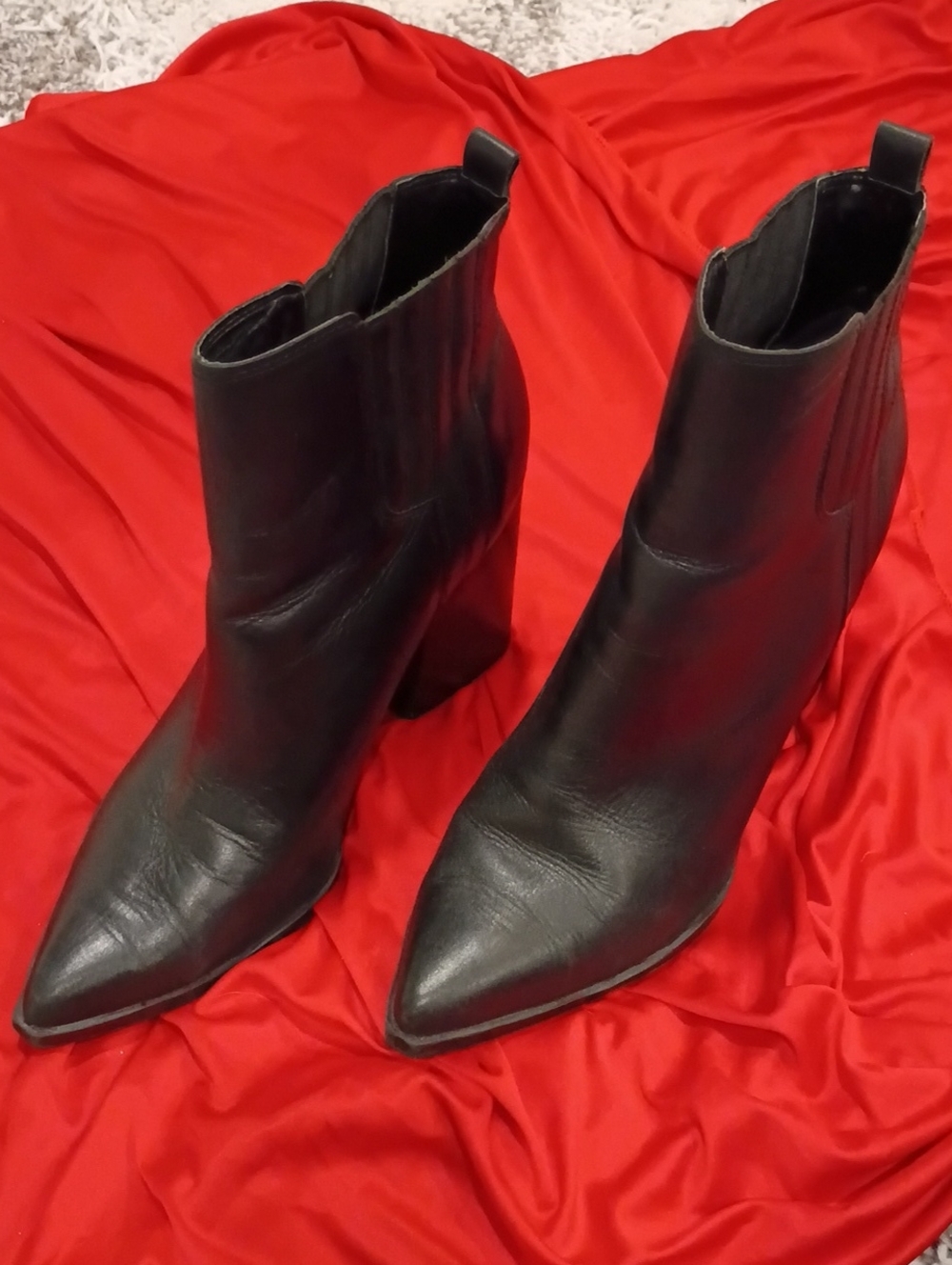 Marc Fisher Black Leather Pointed Toe Ankle Booties with Block Heel